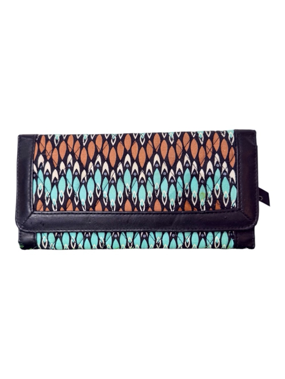 Vera Bradley Tri-fold Wallet Sierra Stream Teal/Brown Black Trim